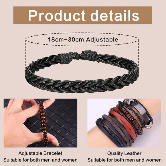 30Pcs Men's Women's Leather & Wood Beaded Woven Ethnic Tribal Bracelets Set Adju - Picture 5 of 5